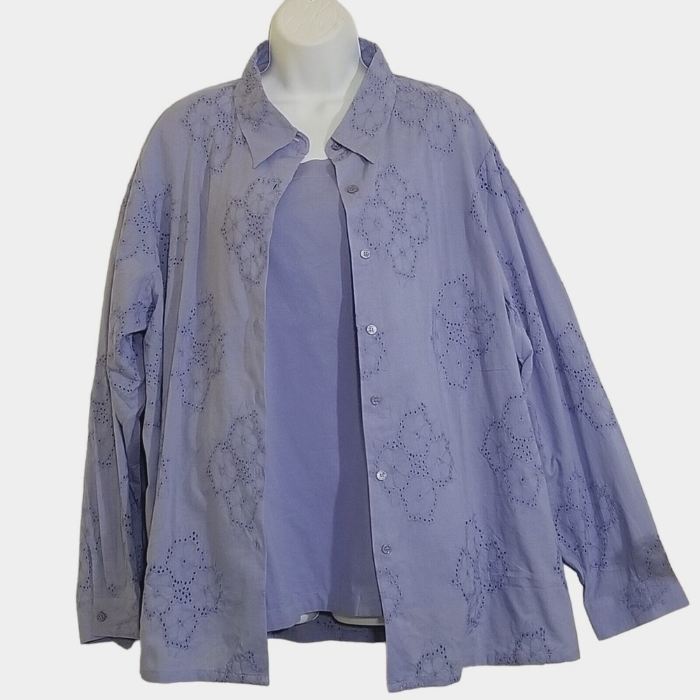 Denim & Co QVC 2 PC Tunic Button Shirt and Tank 2X Eyelet Cotton Lilac NEW